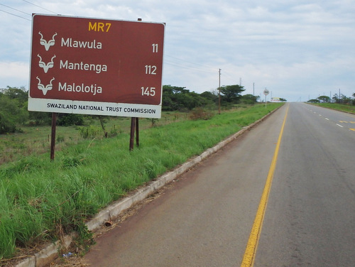 Swaziland road sign and distances.